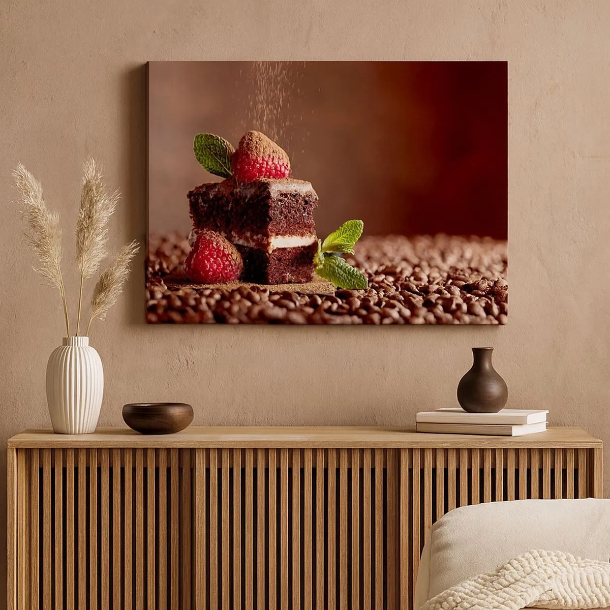 Schilderen op canvas - Chocoladetaart met frambozen en munt op een achtergrond van cacaobonen - 70x50cm - Het leven is zoet - Moderne wanddecoratie voor woonkamer en slaapkamer ARTTOR
