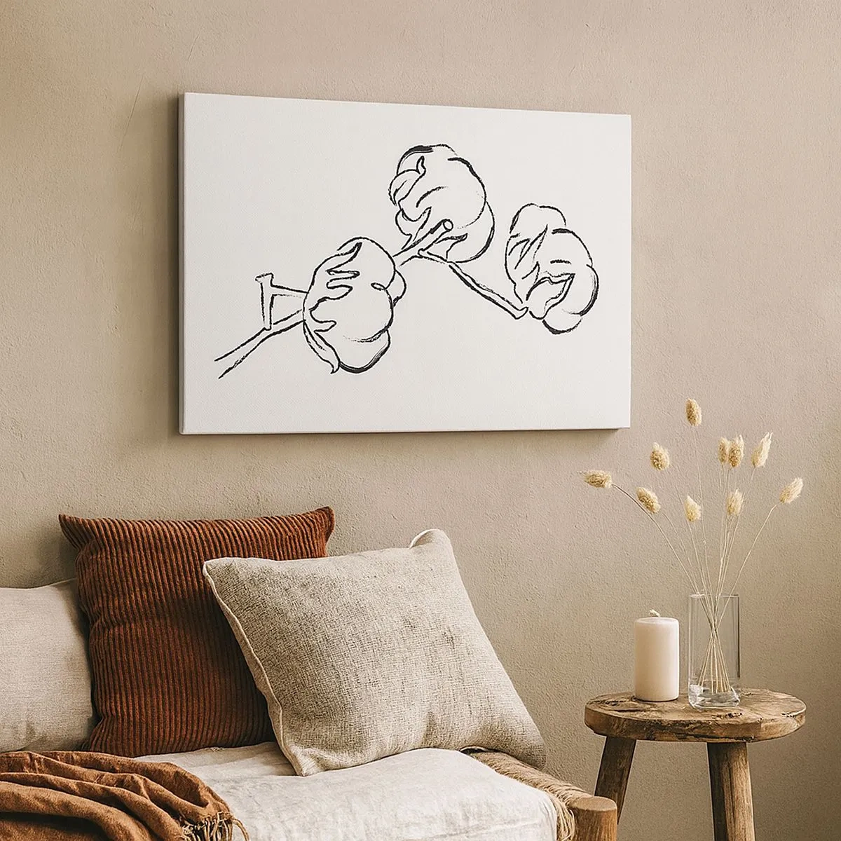 Schilderen op canvas - Een delicate omtrek van een katoentak op een witte achtergrond - 70x50cm - Katoen dons - Moderne wanddecoratie voor woonkamer en slaapkamer ARTTOR