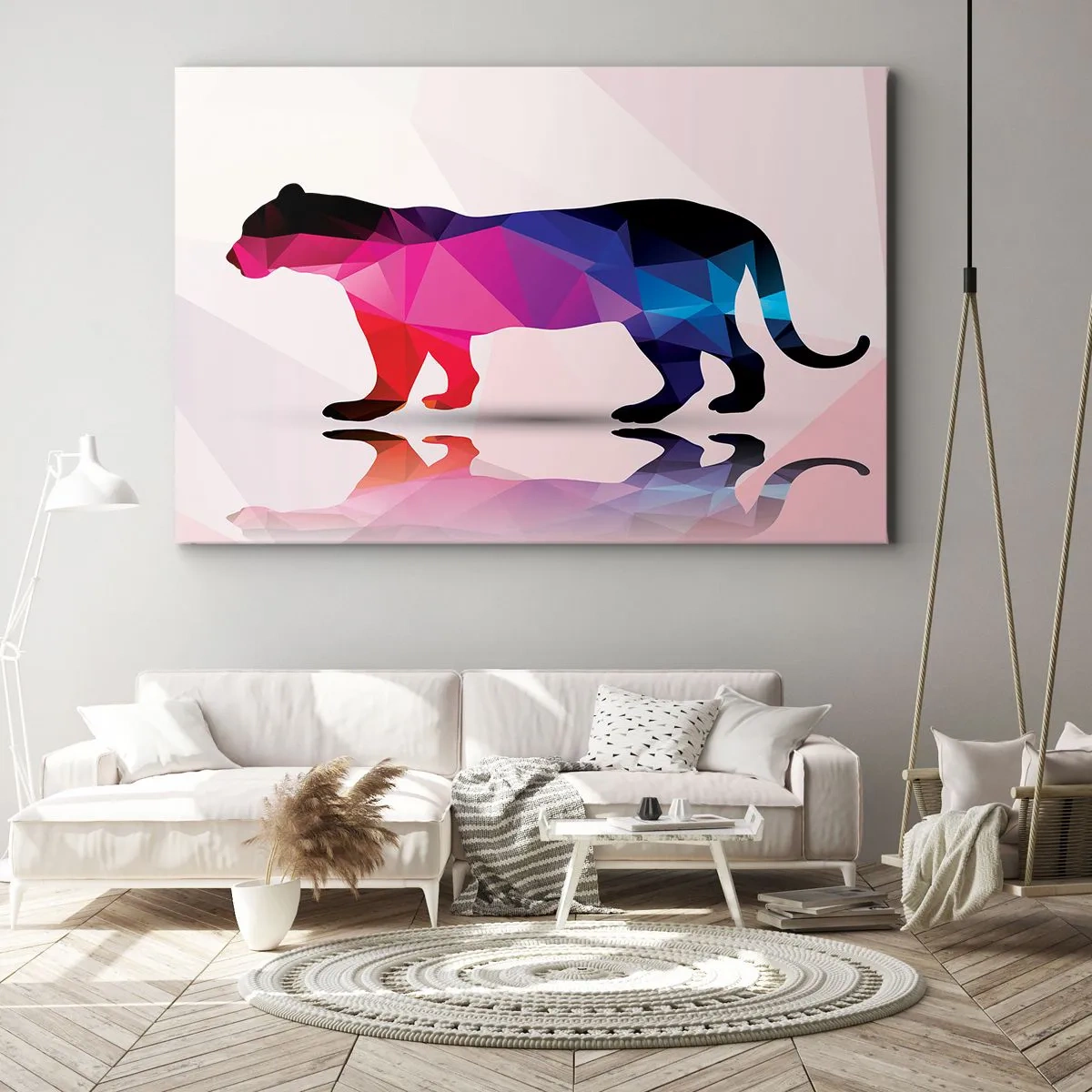 Schilderen op canvas - Geometrisch pantersilhouet in tinten roze en blauw - 70x50cm - Dimenten panter - Moderne wanddecoratie voor woonkamer en slaapkamer ARTTOR