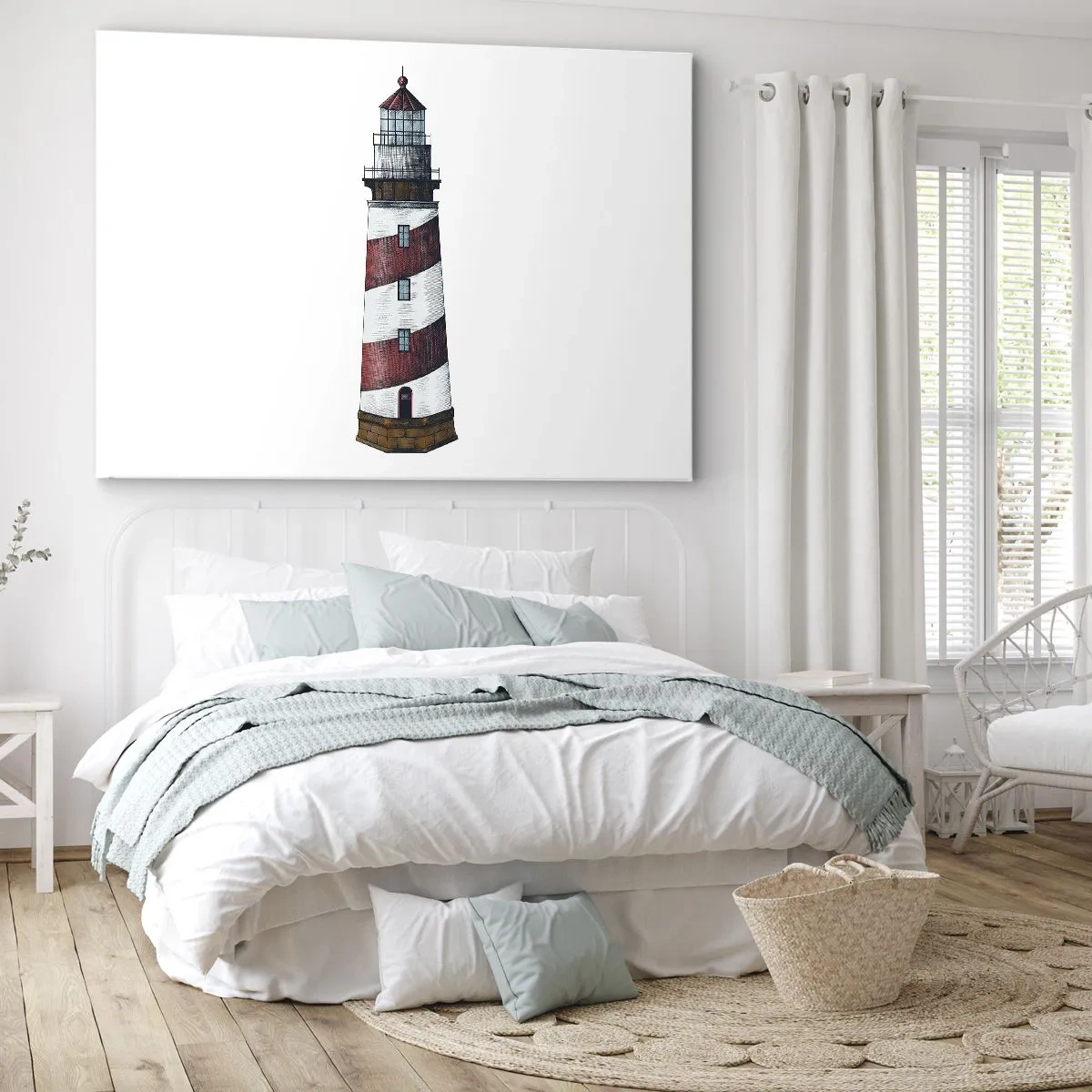 Schilderen op canvas - Een cartoonafbeelding van een vuurtoren met rode en witte strepen op een minimalistische achtergrond. - 70x50cm - Altijd op zijn hoede - Moderne wanddecoratie voor woonkamer en slaapkamer ARTTOR