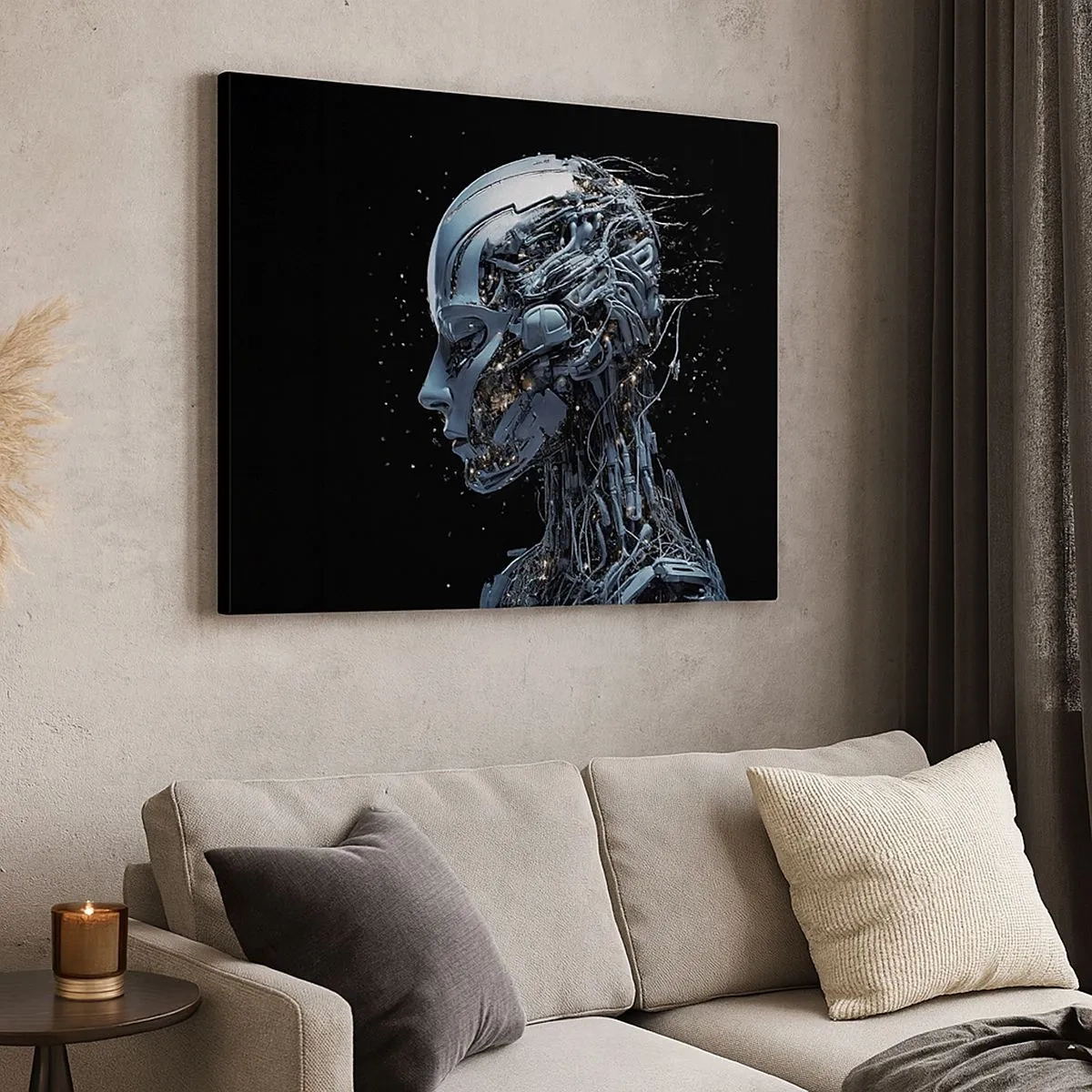 Schilderen op canvas - Futuristisch portret van een cyborg in industriële stijl op een zwarte achtergrond. - 70x50cm - Technologie is een vrouw - Moderne wanddecoratie voor woonkamer en slaapkamer ARTTOR