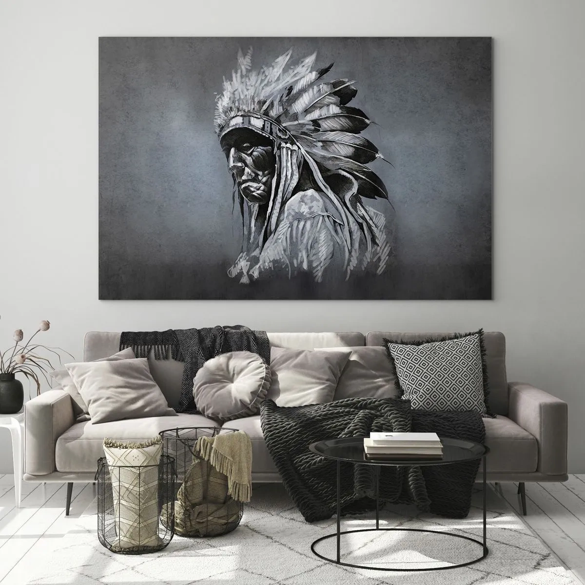 Schilderen op glas - Portret van een man met een verentooi tegen een donkere, grijze achtergrond - 70x50cm - Keer terug naar de wortels - Moderne wanddecoratie voor woonkamer en slaapkamer ARTTOR