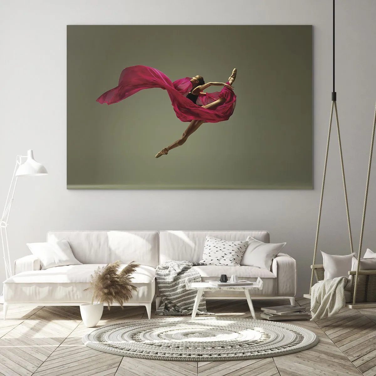 Schilderen op glas - Een danseres in vlucht met een vloeiende fuchsia stof - 70x50cm - Dansende vlam - Moderne wanddecoratie voor woonkamer en slaapkamer ARTTOR