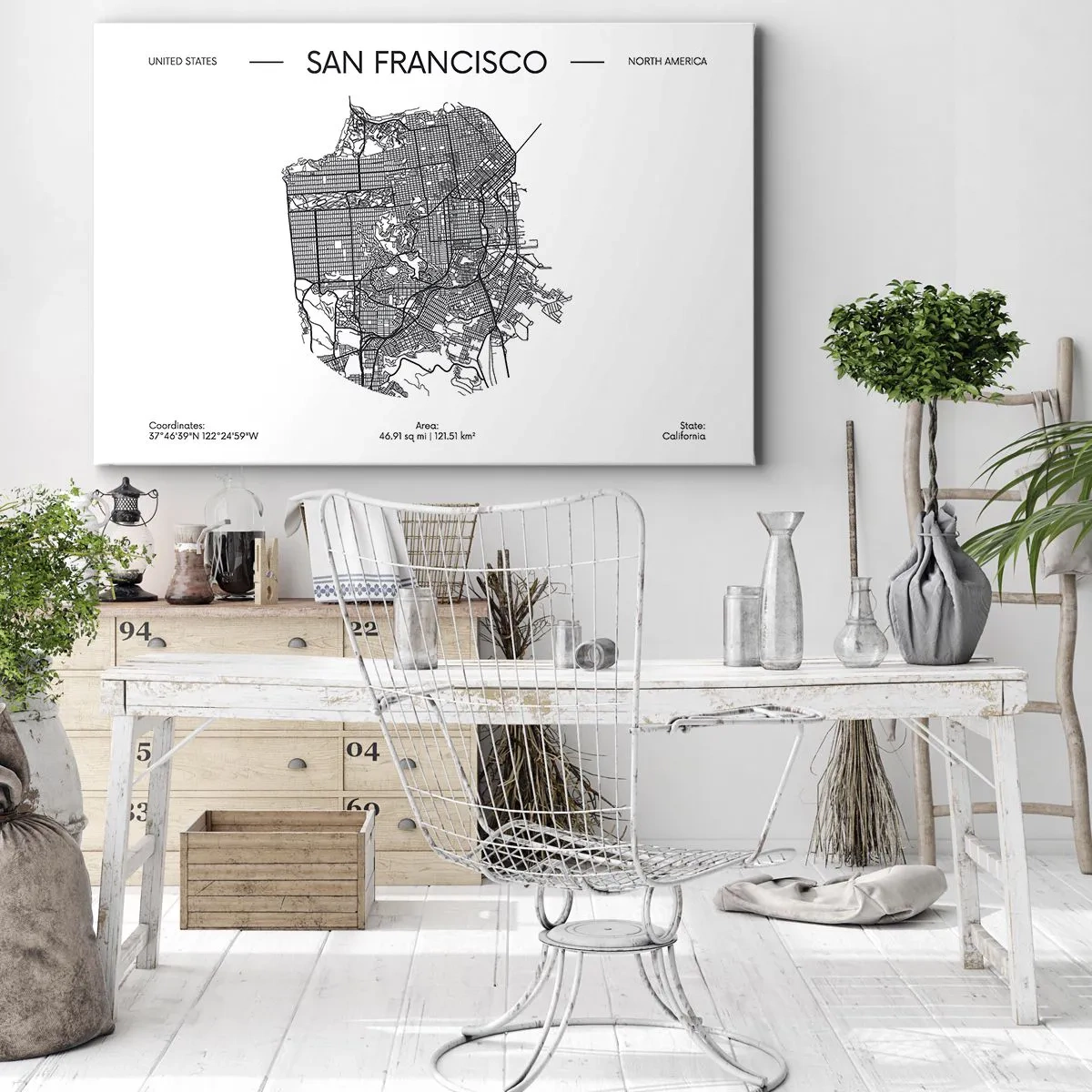 Schilderen op canvas - Een kaart van San Francisco in een minimalistische zwart-witstijl. - 70x50cm - Anatomie van San Francisco - Moderne wanddecoratie voor woonkamer en slaapkamer ARTTOR