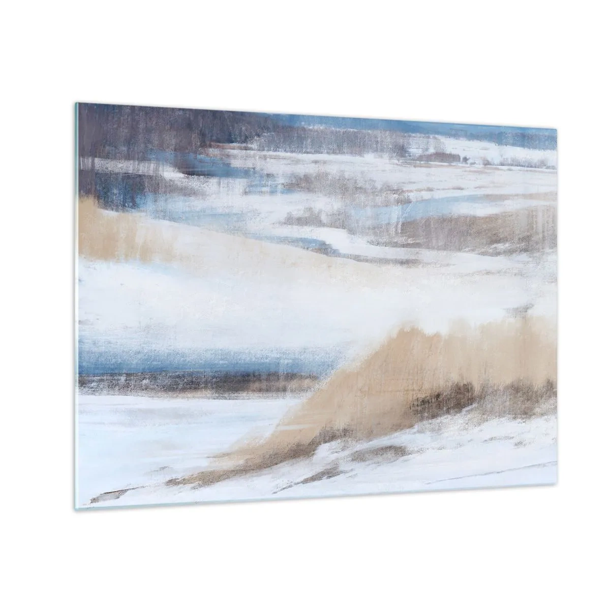 Schilderen op glas - Een delicate abstractie in koele beige- en blauwtinten. - 70x50cm - Winterse compositie - Moderne wanddecoratie voor woonkamer en slaapkamer ARTTOR