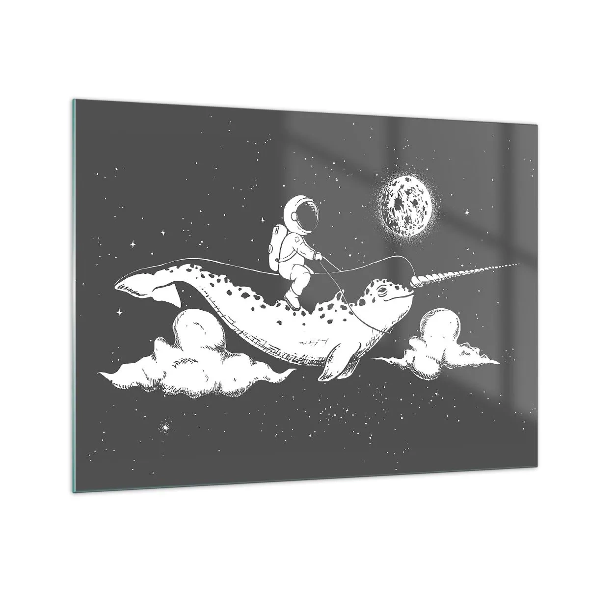 Schilderen op glas - Astronaut die op een narwal rijdt in een ruimteomgeving - 70x50cm - Ruimte Ruiter - Moderne wanddecoratie voor woonkamer en slaapkamer ARTTOR