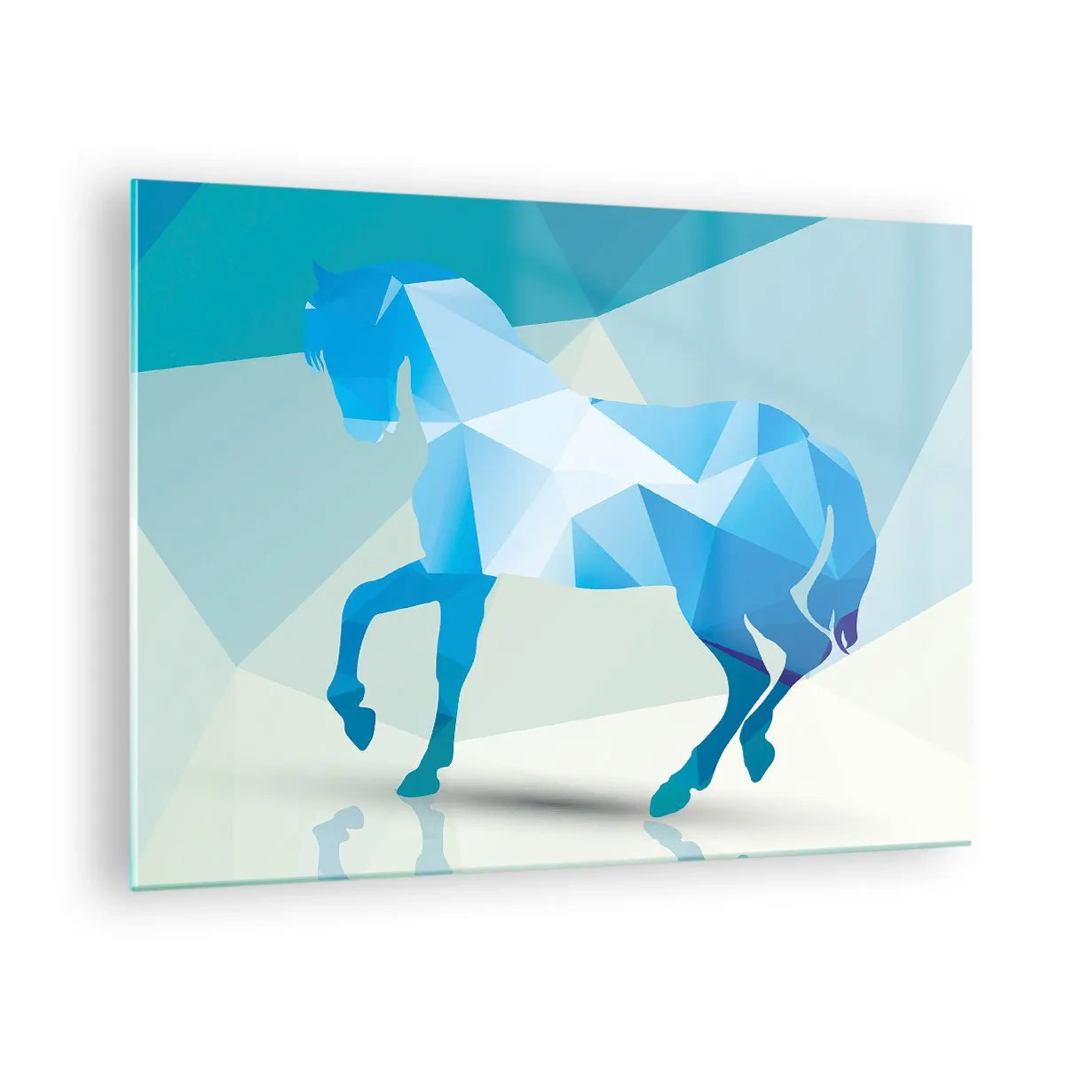 Schilderen op glas - Geometrisch paard in tinten blauw en wit - 70x50cm - Geometrisch paard in turkoois - Moderne wanddecoratie voor woonkamer en slaapkamer ARTTOR