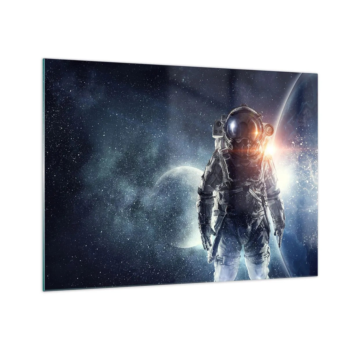 Schilderen op glas - Astronaut tegen de achtergrond van planeten en sterren - 70x50cm - Ruimte avontuur - Moderne wanddecoratie voor woonkamer en slaapkamer ARTTOR