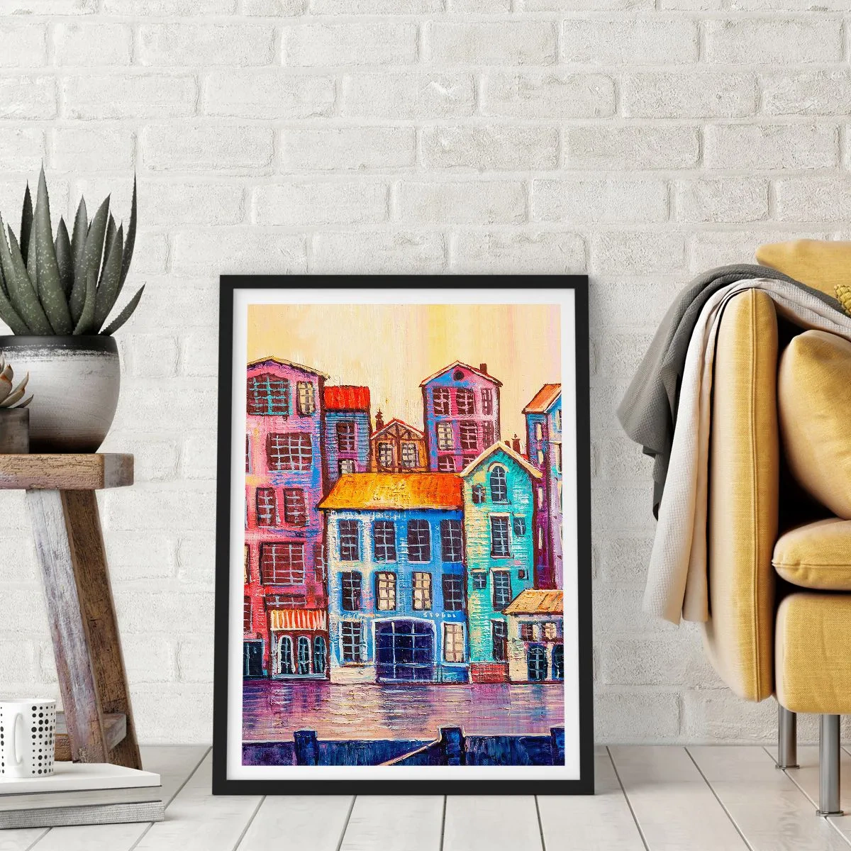Poster in een zwarte lijst - Kleurrijke huurkazernes aan het water in schilderachtige stijl - 50x70cm - Een stad als uit een sprookje - Moderne wanddecoratie voor woonkamer en slaapkamer ARTTOR