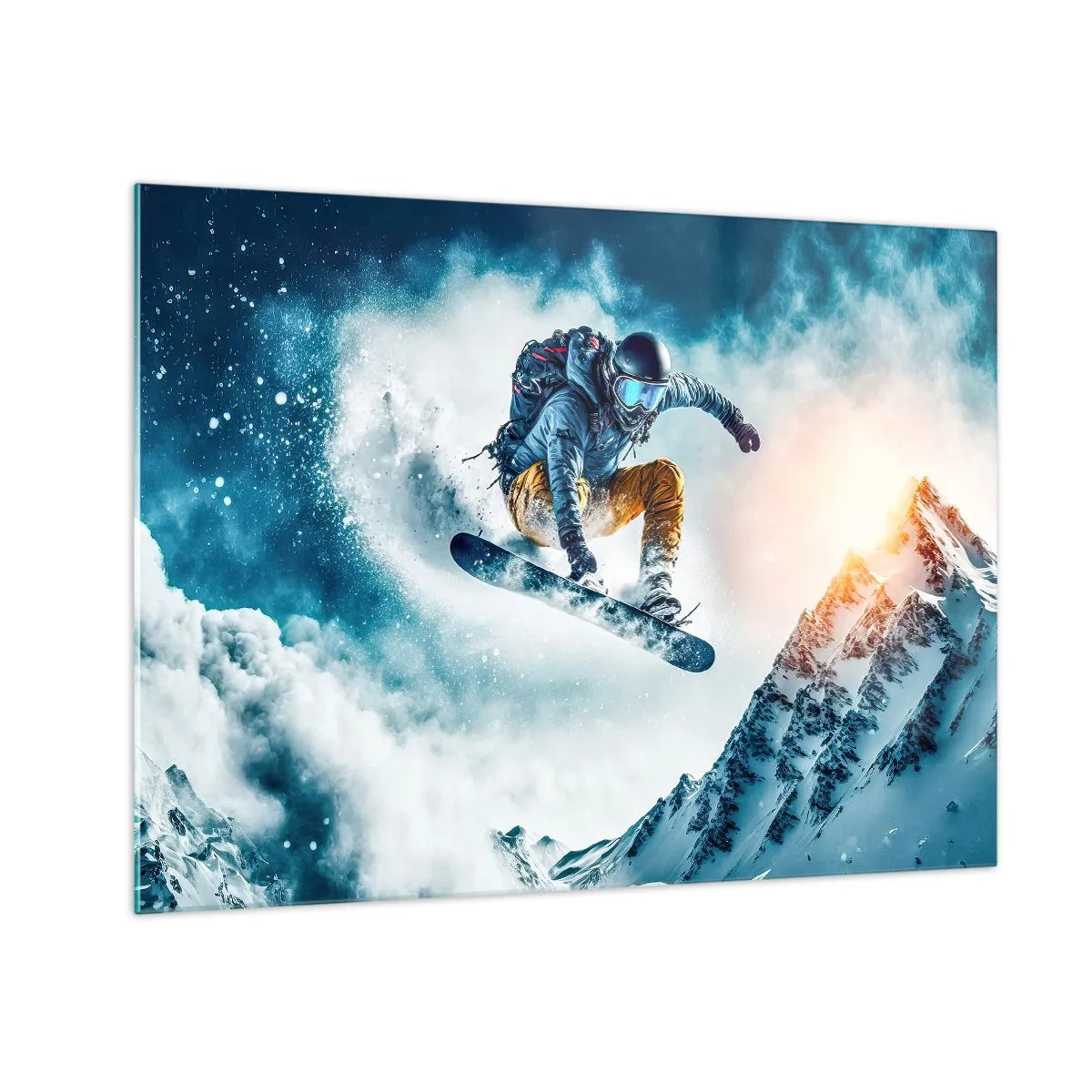 Schilderen op glas - Een snowboarder vliegt over besneeuwde bergen - 70x50cm - Extreme emoties - Moderne wanddecoratie voor woonkamer en slaapkamer ARTTOR