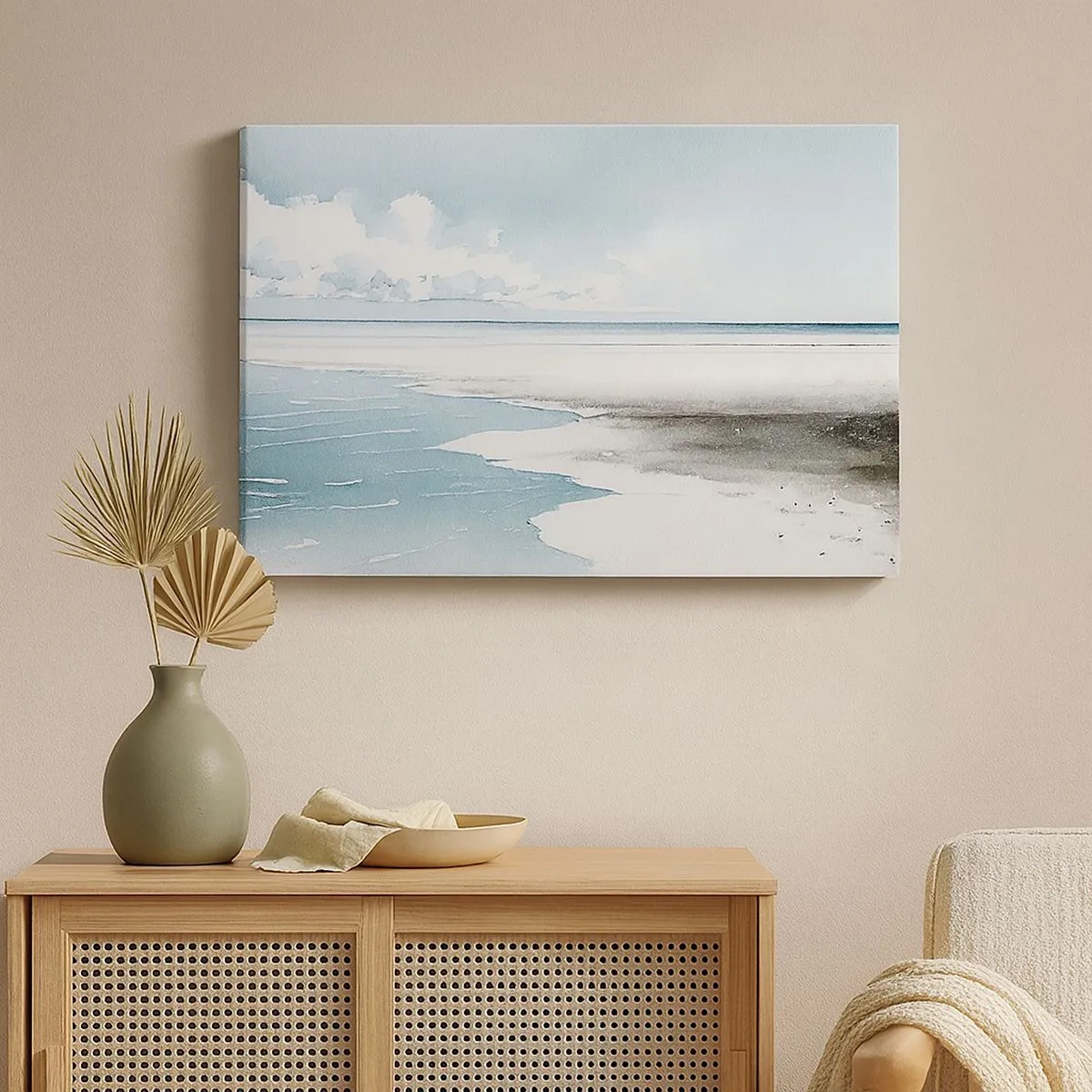 Schilderen op canvas - Een kalme zee en strand in lichte blauwtinten - 70x50cm - Zachte vloed - Moderne wanddecoratie voor woonkamer en slaapkamer ARTTOR