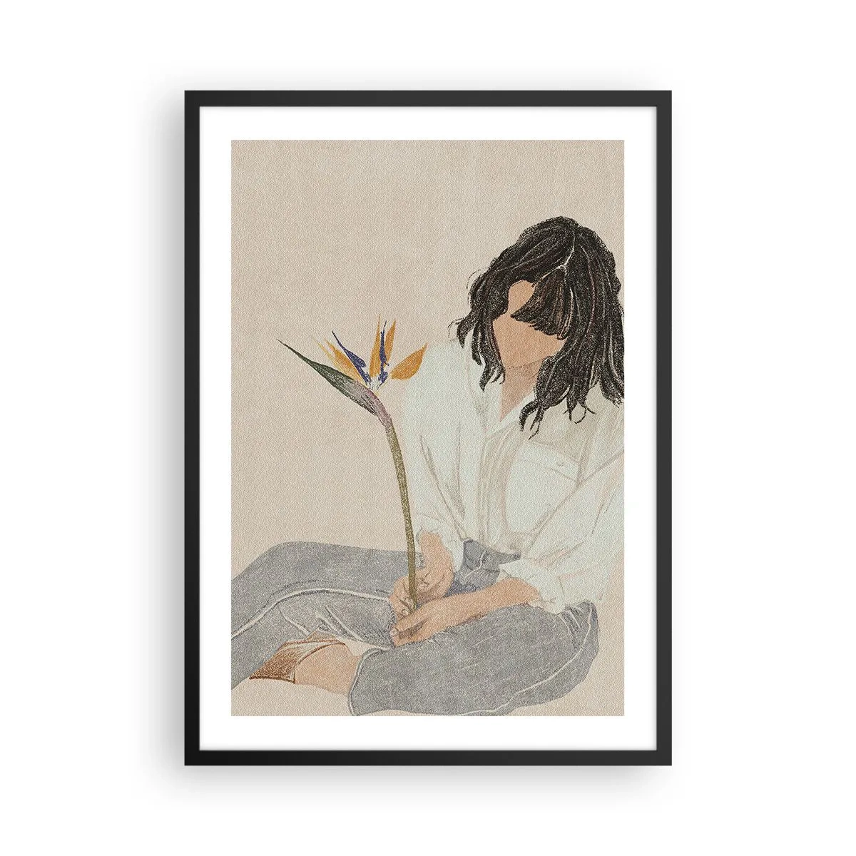 Poster in een zwarte lijst - Portret van een vrouw die een exotische bloem vasthoudt, met een delicate toets van kleur - 50x70cm - Portret met een exotische bloem - Moderne wanddecoratie voor woonkamer en slaapkamer ARTTOR