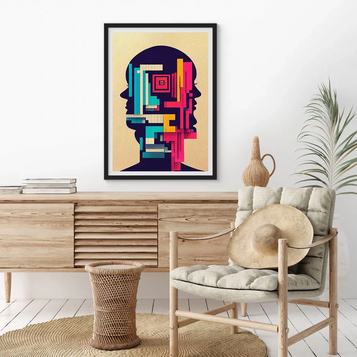 Poster in een zwarte lijst - Abstract silhouet met geometrische vormen - 50x70cm - Nieuwe banden - Moderne wanddecoratie voor woonkamer en slaapkamer ARTTOR
