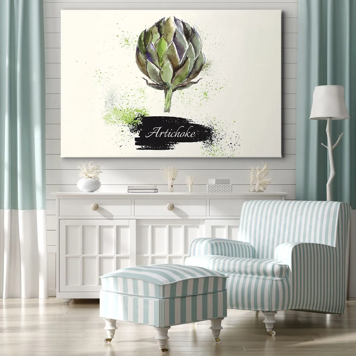 Schilderen op canvas - Aquarel artisjok met tekst op een lichte achtergrond met groene accenten - 70x50cm - Eviva-groenten! - Moderne wanddecoratie voor woonkamer en slaapkamer ARTTOR