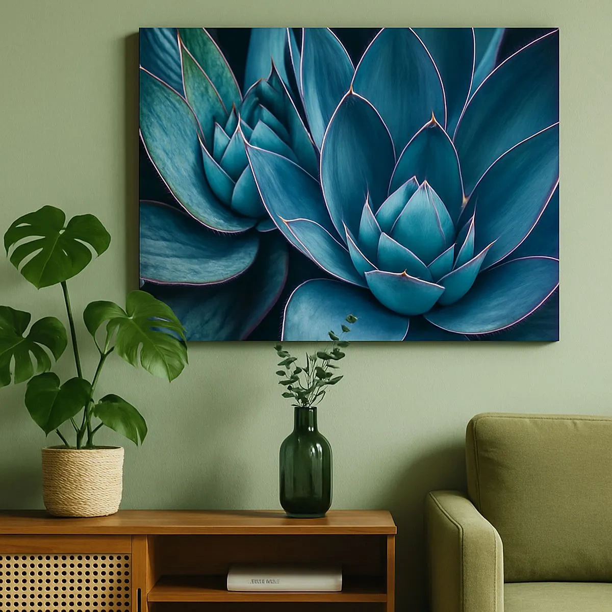 Schilderen op canvas - Agave in tinten blauw en groen met roze accenten - 70x50cm - Levenskracht - Moderne wanddecoratie voor woonkamer en slaapkamer ARTTOR