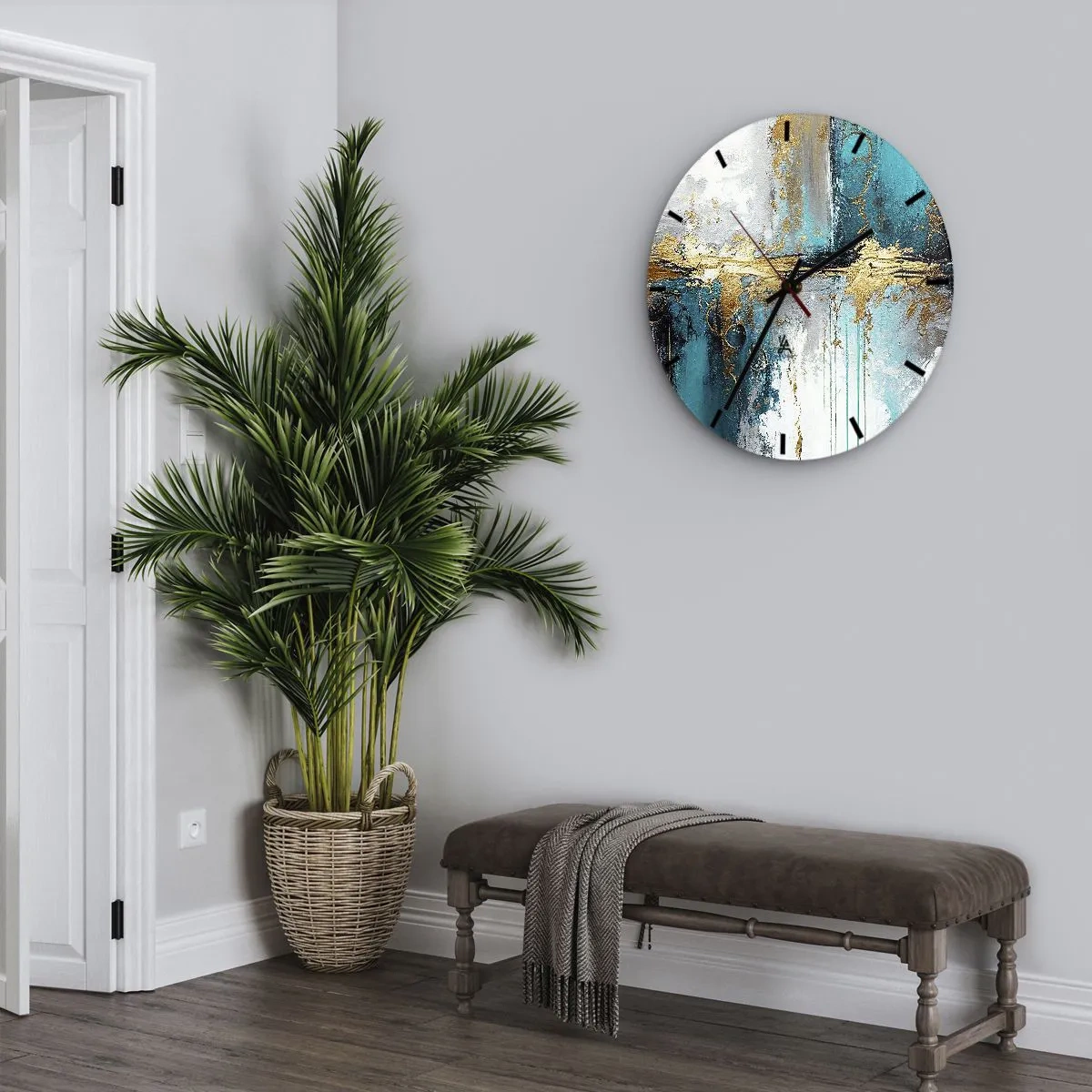 Wandklok - Klok - Abstracte verfstreken in turquoise, wit en goud - 30x30cm - Alles vloeit - Moderne wanddecoratie voor woonkamer, keuken en slaapkamer ARTTOR