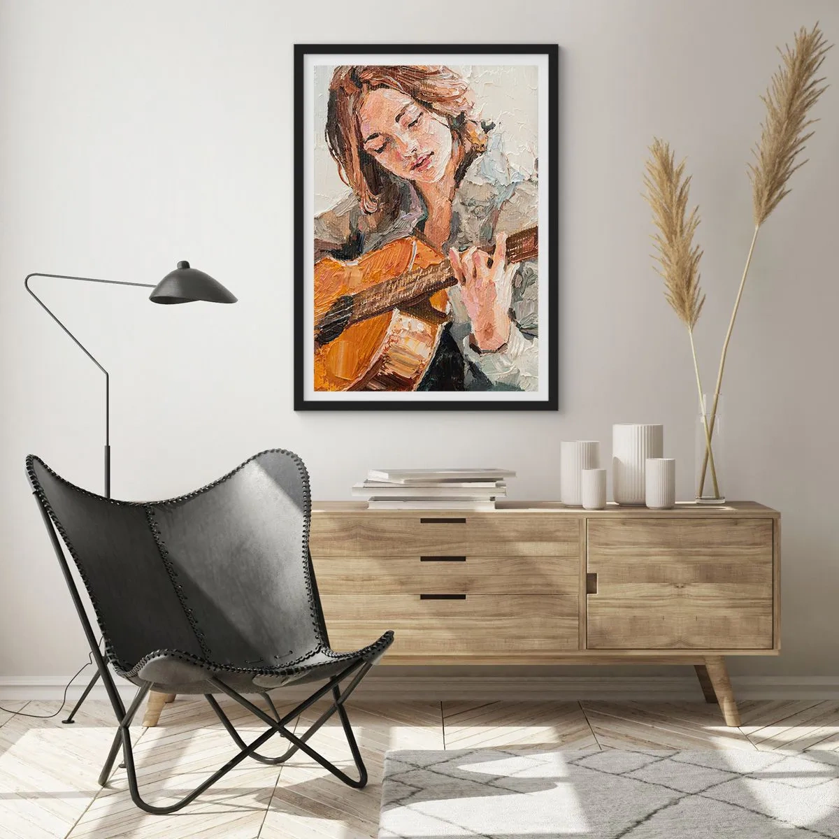 Poster in een zwarte lijst - Portret van een vrouw die gitaar speelt in impasto-stijl - 50x70cm - Concerto voor gitaar en een meisjeshart - Moderne wanddecoratie voor woonkamer en slaapkamer ARTTOR