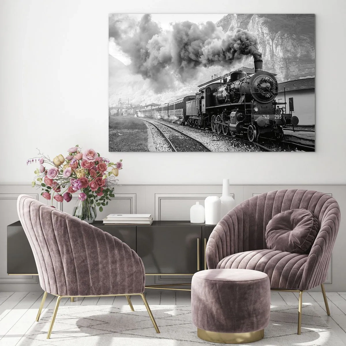 Schilderen op glas - Een oude stoomtrein in een berglandschap - 70x50cm - Staat op het station... - Moderne wanddecoratie voor woonkamer en slaapkamer ARTTOR