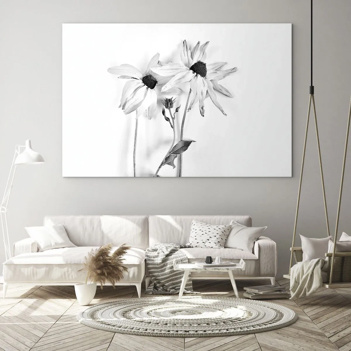 Schilderen op glas - Zwart-witte bloemen in een minimalistische stijl - 70x50cm - Niemand wil alleen zijn - Moderne wanddecoratie voor woonkamer en slaapkamer ARTTOR