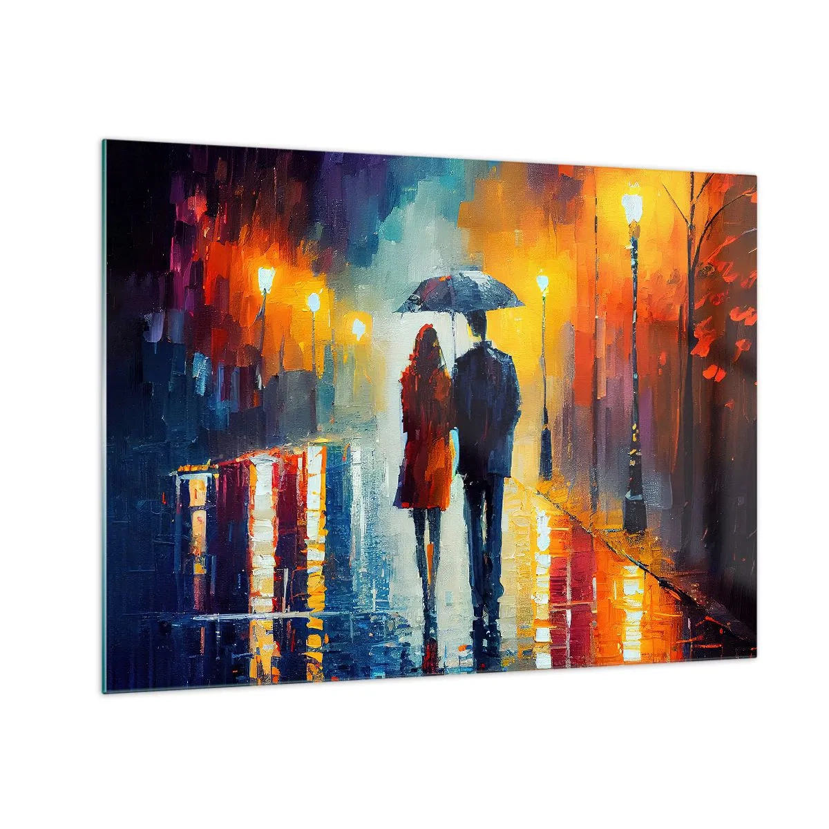Schilderen op glas - Een stel onder een paraplu op een kleurrijke nachtelijke straat in de regen. - 70x50cm - Samen – een kleurrijke nacht - Moderne wanddecoratie voor woonkamer en slaapkamer ARTTOR