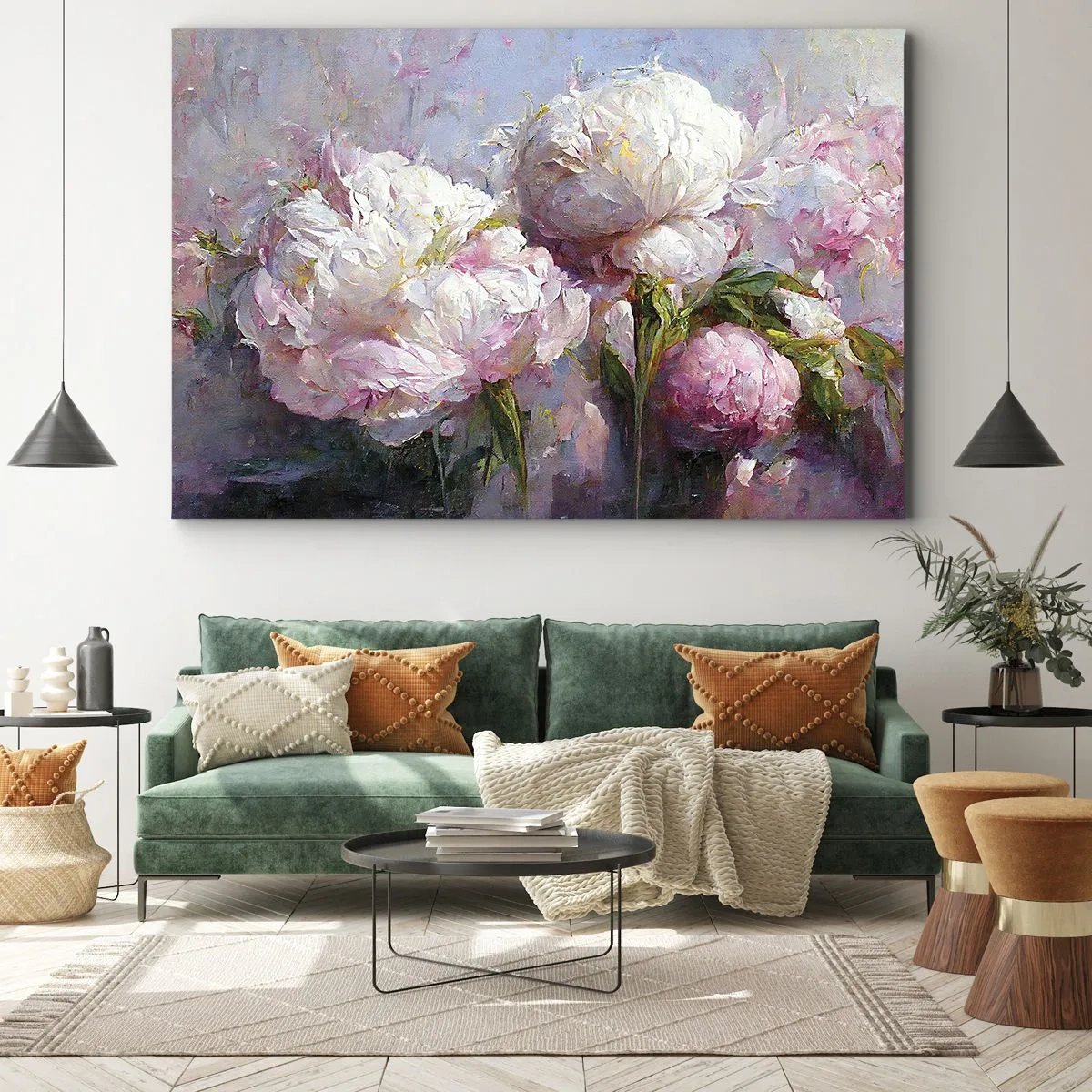Schilderen op canvas - Romantische pioenrozen in pastelkleuren - 70x50cm - Een boeket vol leven - Moderne wanddecoratie voor woonkamer en slaapkamer ARTTOR