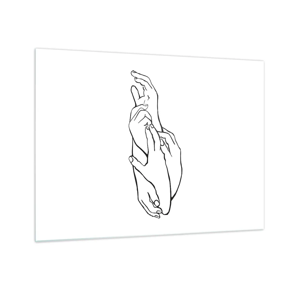 Schilderen op glas - Een subtiele lineaire tekening van gevouwen handen op een witte achtergrond. - 70x50cm - Goede aanraking - Moderne wanddecoratie voor woonkamer en slaapkamer ARTTOR