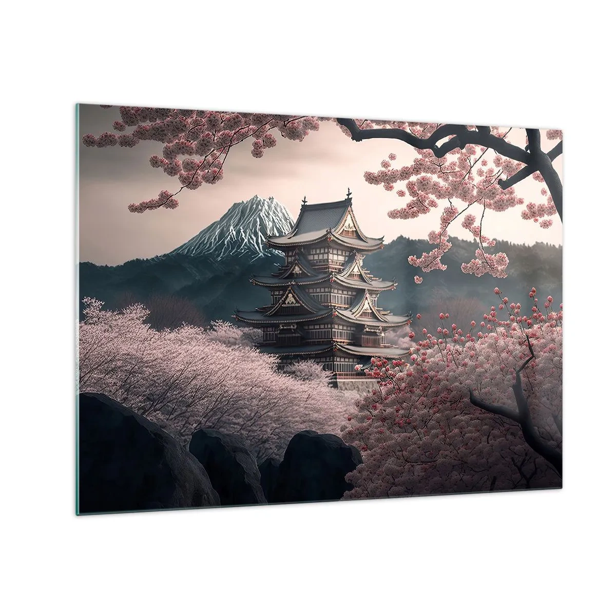 Schilderen op glas - Een traditionele Japanse pagode te midden van kersenbloesems en bergen - 70x50cm - Het land van de kersenbloesem - Moderne wanddecoratie voor woonkamer en slaapkamer ARTTOR