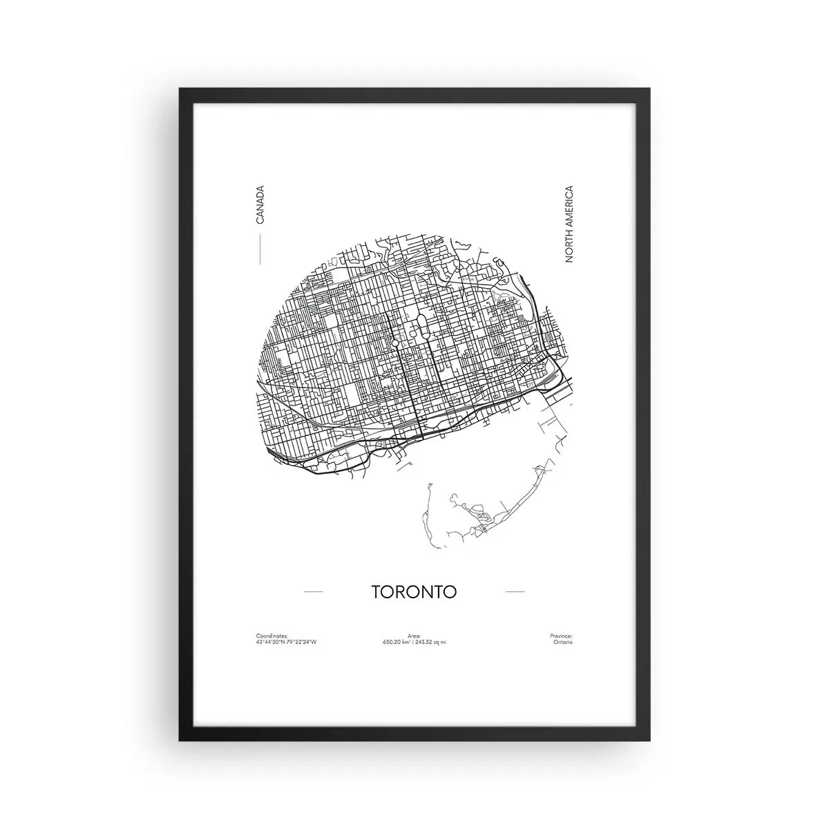 Poster in een zwarte lijst - Een minimalistische zwart-witkaart van Toronto - 50x70cm - Anatomie van Toronto - Moderne wanddecoratie voor woonkamer en slaapkamer ARTTOR