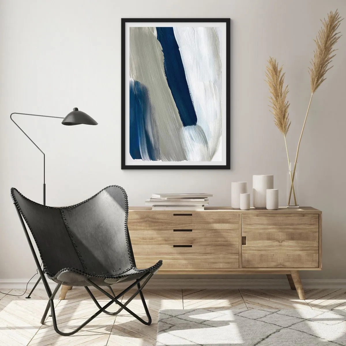 Poster in een zwarte lijst - Abstracte penseelstreken in tinten marineblauw - 50x70cm - Ontmoeting met witheid - Moderne wanddecoratie voor woonkamer en slaapkamer ARTTOR