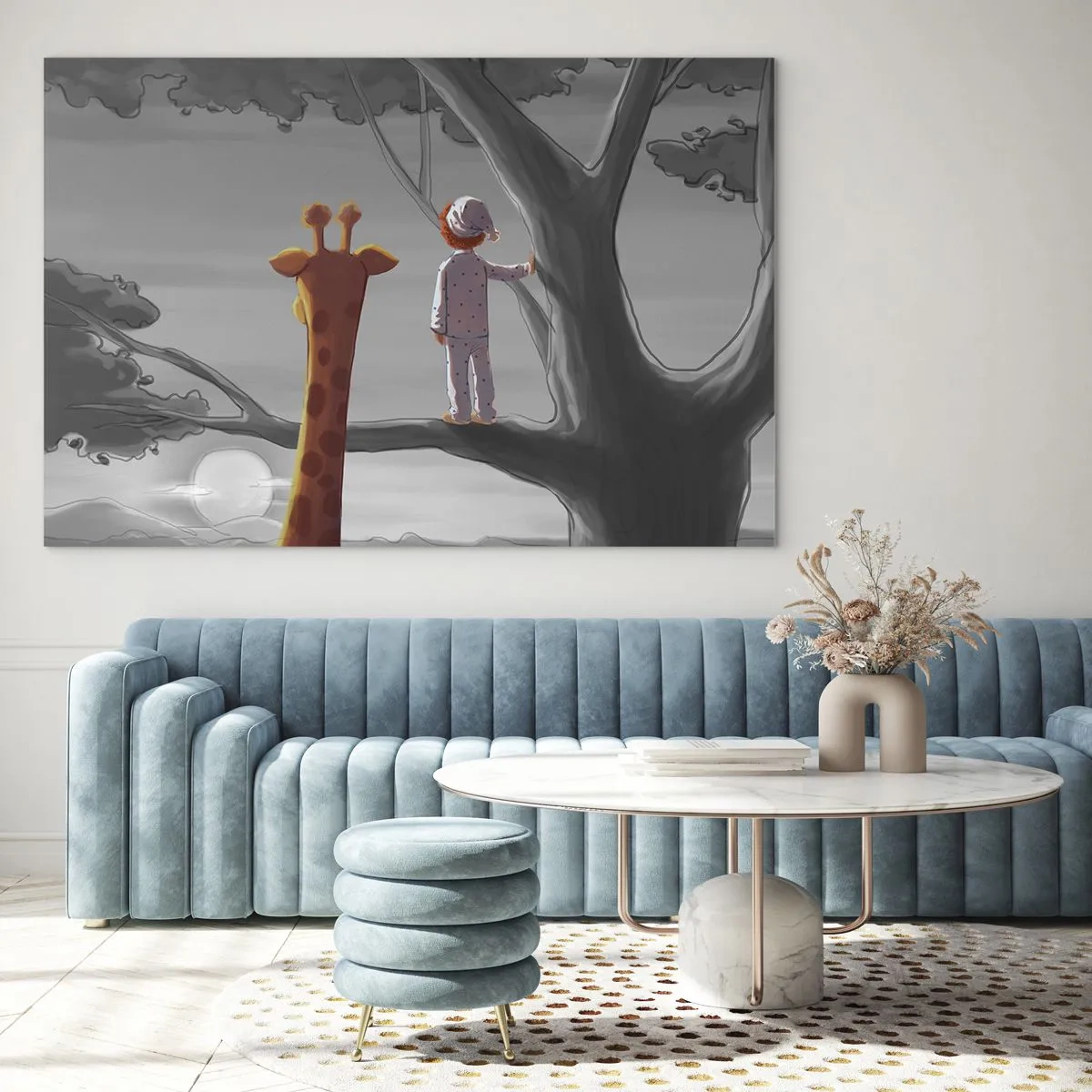 Schilderen op glas - Een kind in pyjama en een giraf bekijken de zonsondergang vanuit een boom. - 70x50cm - Dit gebeurt echt - Moderne wanddecoratie voor woonkamer en slaapkamer ARTTOR