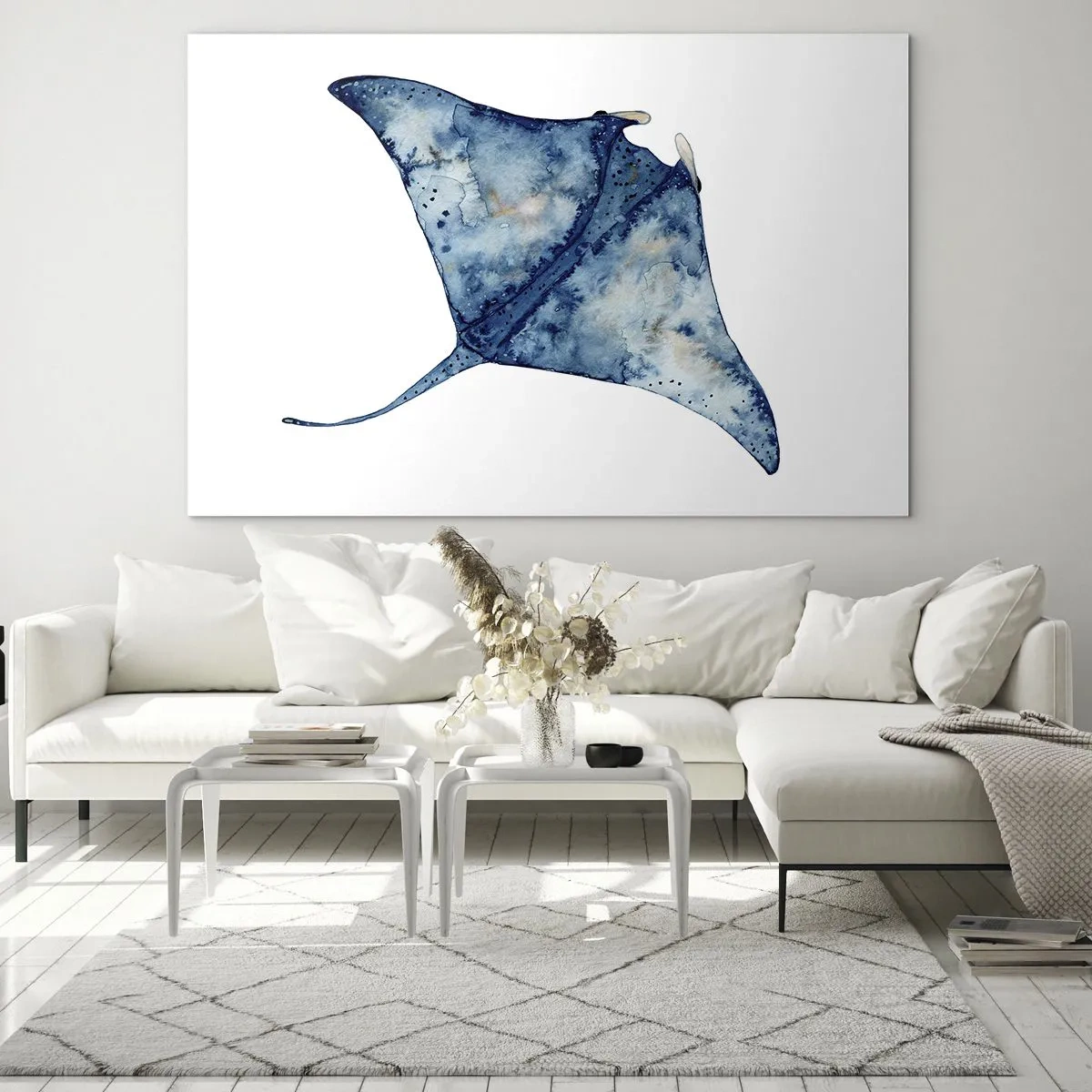 Schilderen op glas - Marineblauwe straal in aquarelstijl op een witte achtergrond - 70x50cm - Leven in blauw - Moderne wanddecoratie voor woonkamer en slaapkamer ARTTOR