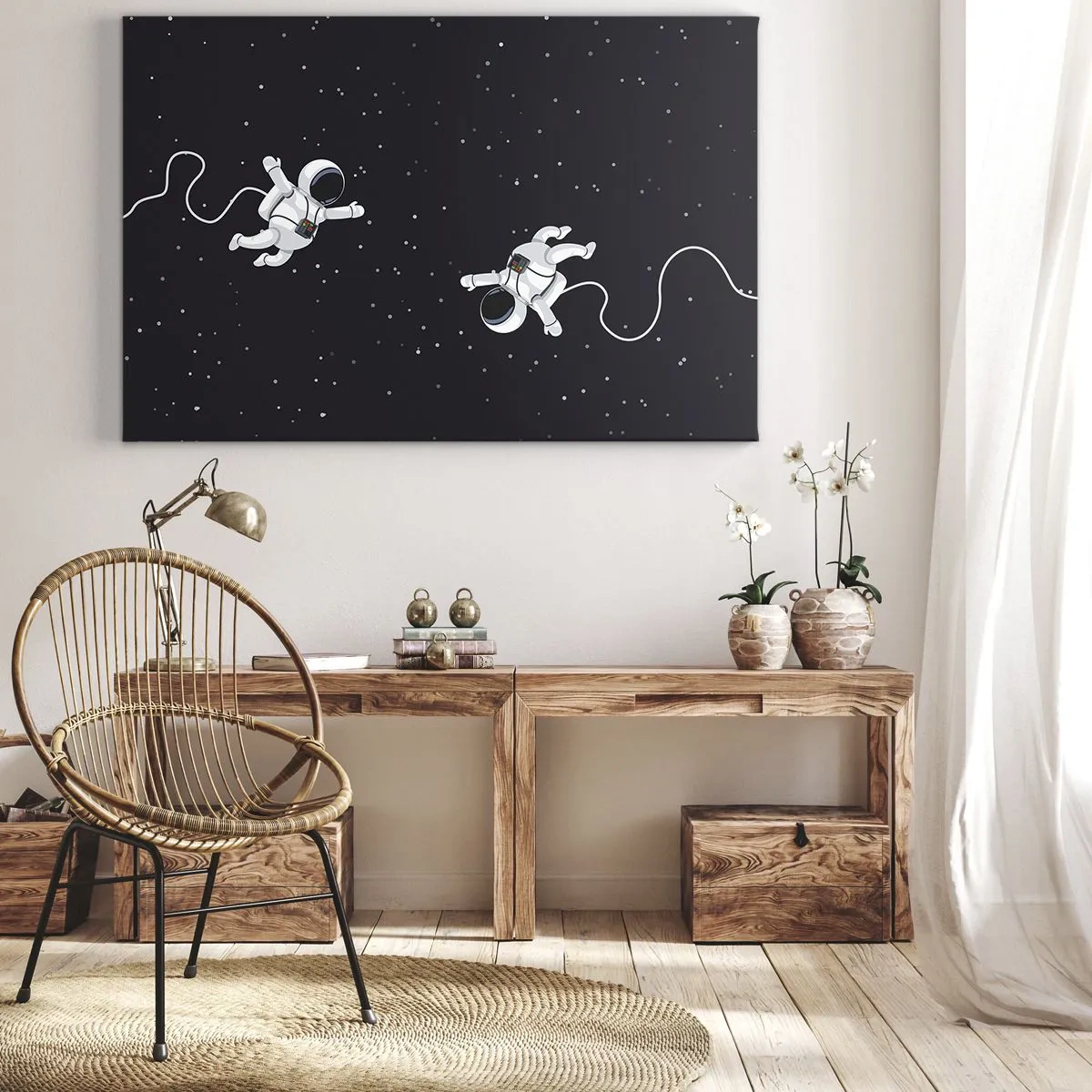 Schilderen op canvas - Astronauten zweven in de ruimte tegen een achtergrond van sterren - 70x50cm - Kosmische dans - Moderne wanddecoratie voor woonkamer en slaapkamer ARTTOR