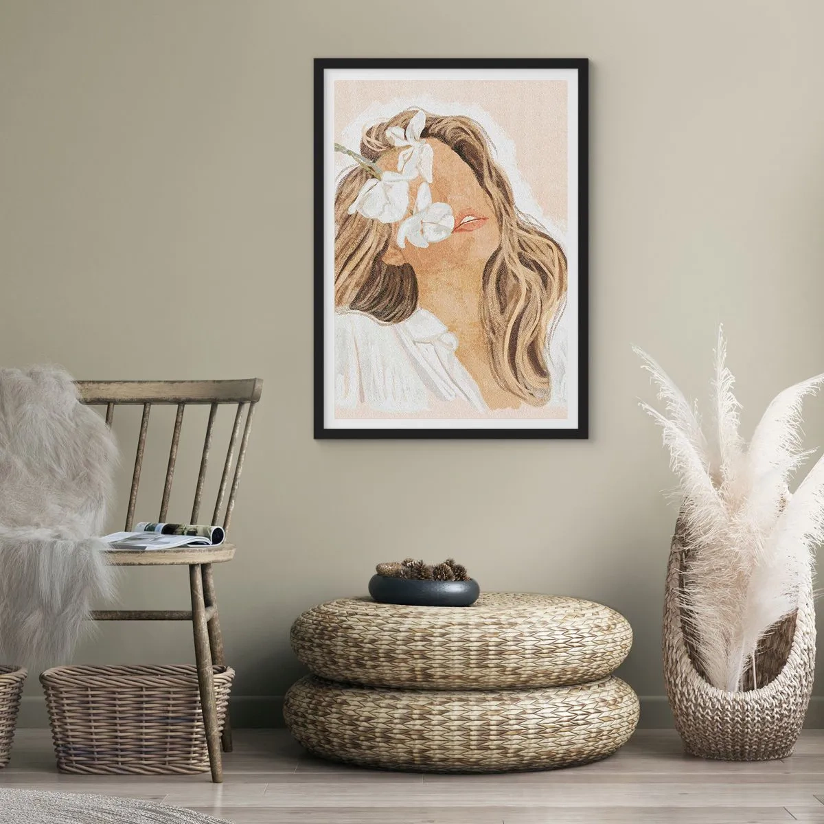 Poster in een zwarte lijst - Portret van een vrouw met bloemen die haar gezicht bedekken - 50x70cm - Tussen de bloemen in vervoering - Moderne wanddecoratie voor woonkamer en slaapkamer ARTTOR