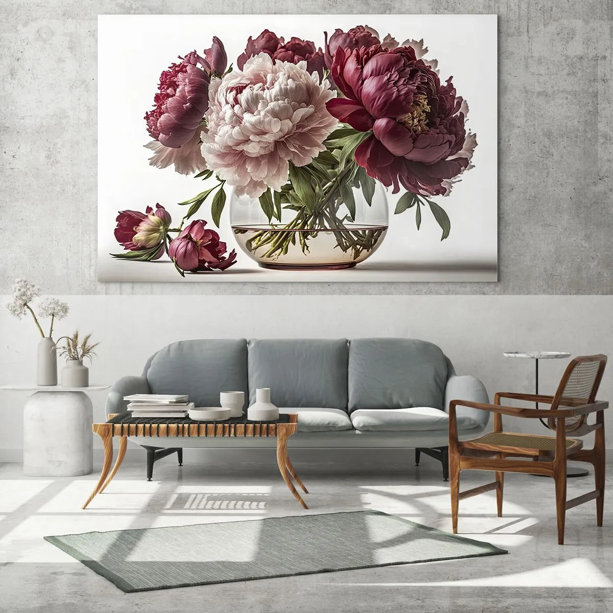 Schilderen op glas - Een boeket pioenrozen in een glazen vaas op een lichte achtergrond - 70x50cm - In volle bloei van schoonheid - Moderne wanddecoratie voor woonkamer en slaapkamer ARTTOR