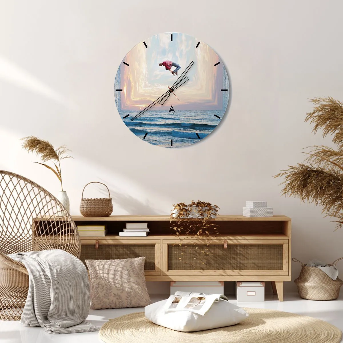 Wandklok - Klok - Een springende figuur aan zee in een surrealistisch landschap - 30x30cm - Naar een andere dimensie - Moderne wanddecoratie voor woonkamer, keuken en slaapkamer ARTTOR