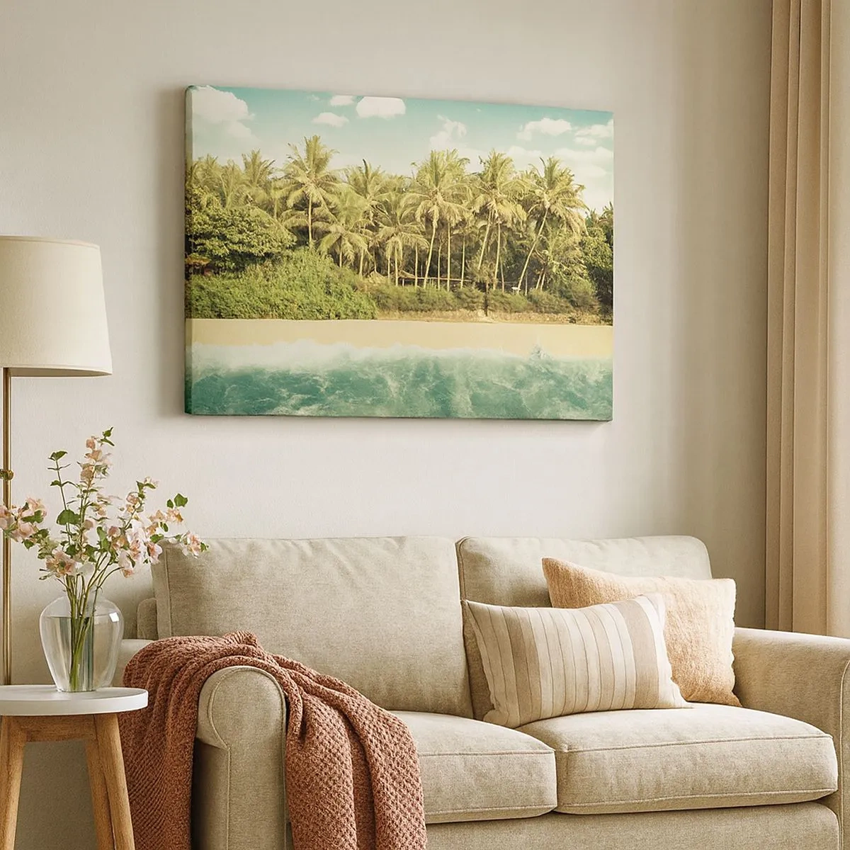 Schilderen op canvas - Tropisch strand met palmbomen en turquoise zee - 70x50cm - Hoe zit het hier? - Moderne wanddecoratie voor woonkamer en slaapkamer ARTTOR