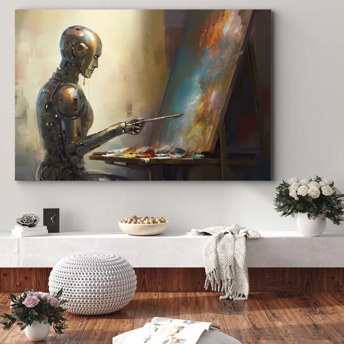 Schilderen op canvas - Een robot die op een canvas schildert in een artistieke stijl - 70x50cm - De kunst van de toekomst - Moderne wanddecoratie voor woonkamer en slaapkamer ARTTOR