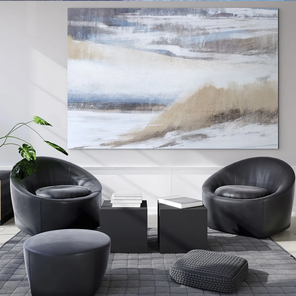 Schilderen op glas - Een delicate abstractie in koele beige- en blauwtinten. - 70x50cm - Winterse compositie - Moderne wanddecoratie voor woonkamer en slaapkamer ARTTOR