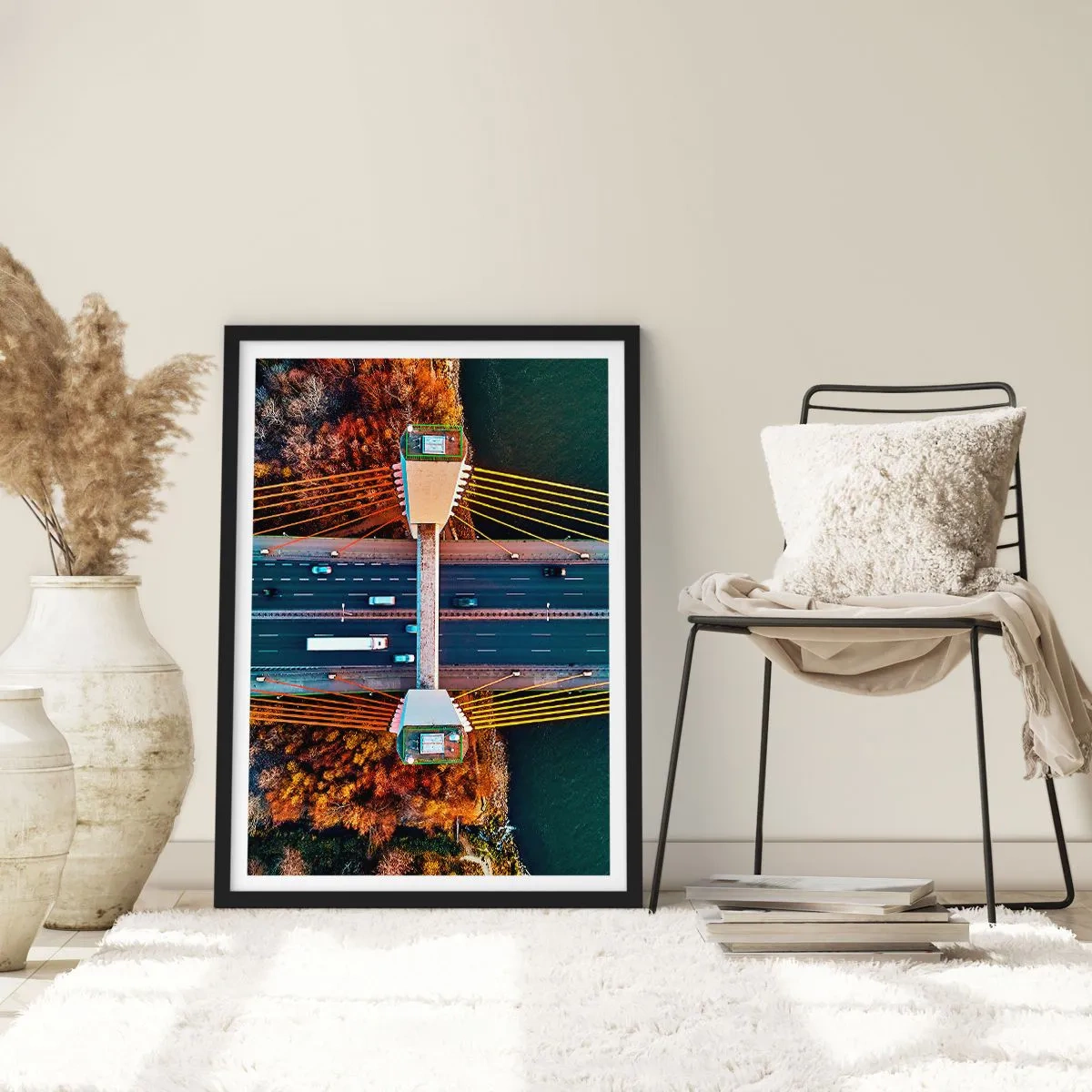 Poster in een zwarte lijst - Bovenaanzicht van een moderne brug met auto's en gele touwen - 50x70cm - BEYOND the waters, beyond the forest - Moderne wanddecoratie voor woonkamer en slaapkamer ARTTOR