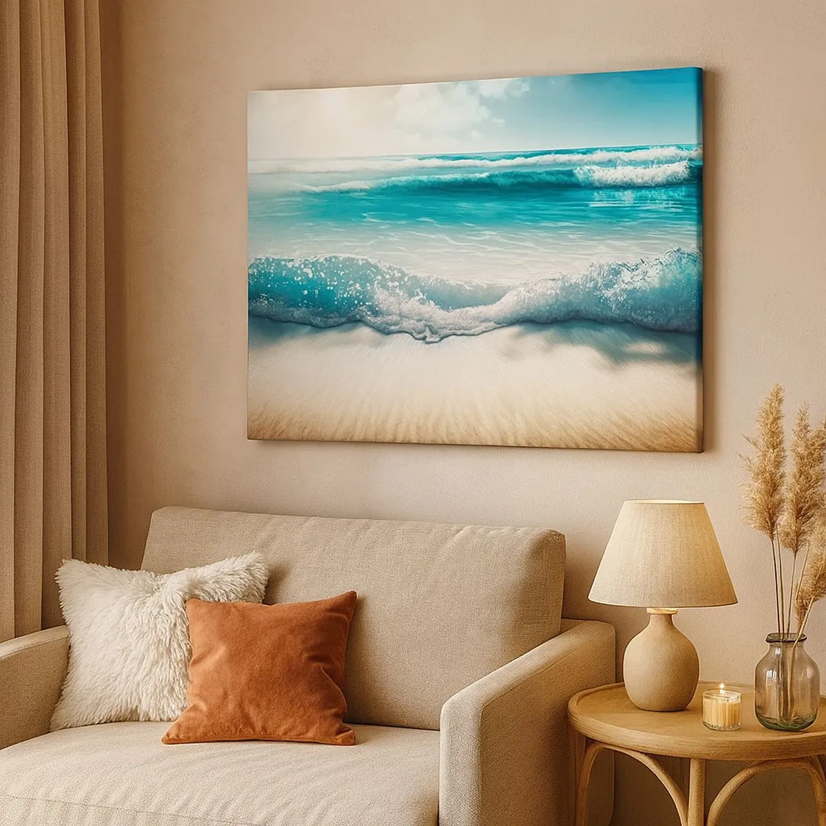 Schilderen op canvas - Oceaan golven op een licht zandstrand - 70x50cm - De vrede van de oceaan - Moderne wanddecoratie voor woonkamer en slaapkamer ARTTOR