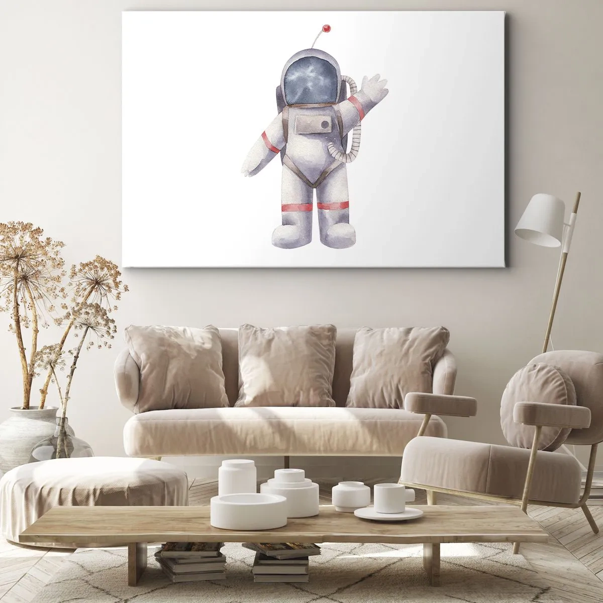 Schilderen op canvas - Aquarelstijl astronaut op een witte achtergrond - 70x50cm - Tot ziens! - Moderne wanddecoratie voor woonkamer en slaapkamer ARTTOR