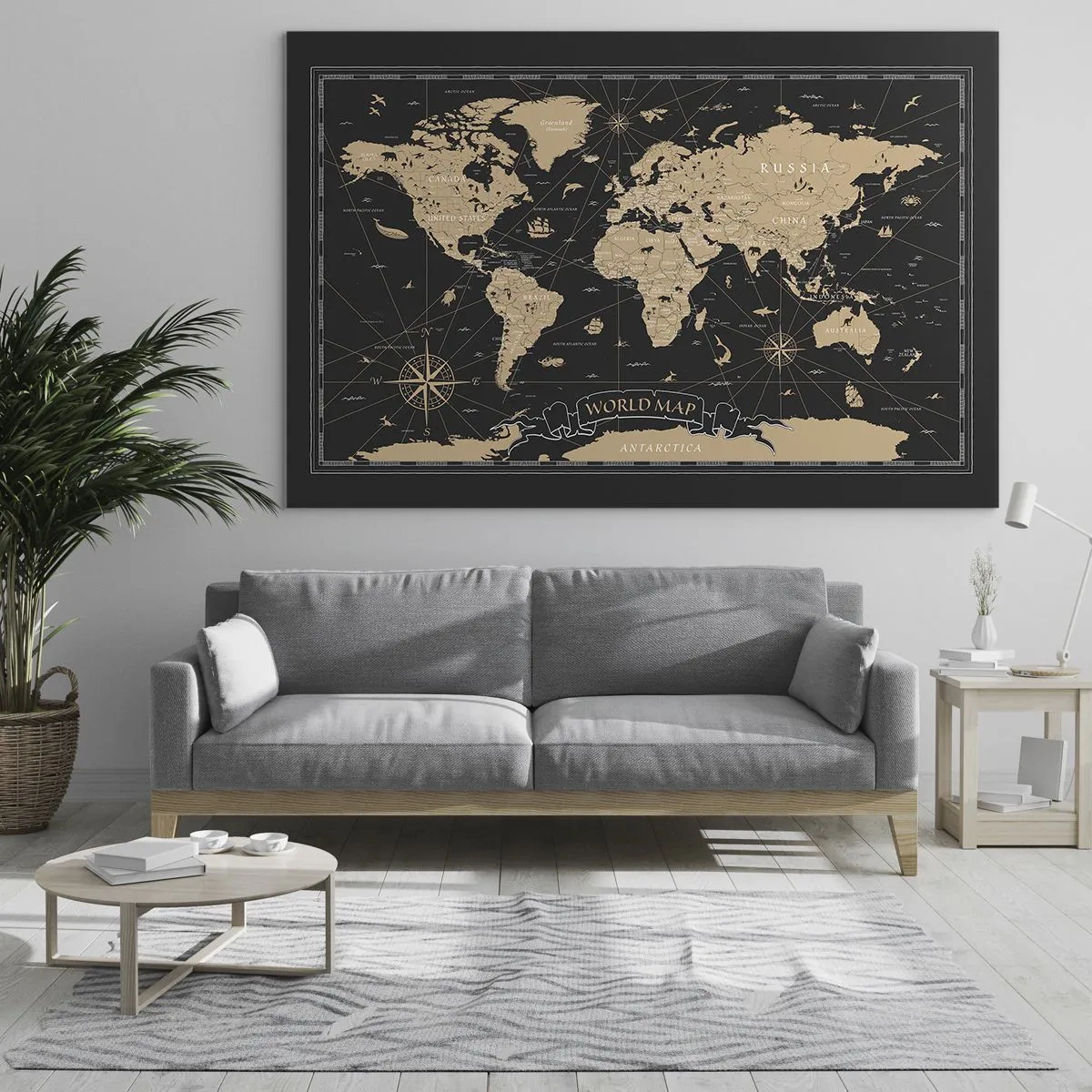 Schilderen op glas - Gestileerde wereldkaart in tinten beige en zwart - 70x50cm - De grenzen van mijn wereld - Moderne wanddecoratie voor woonkamer en slaapkamer ARTTOR