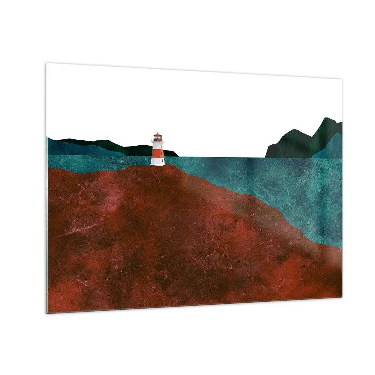 Schilderen op glas - Een vuurtoren tegen de achtergrond van een turquoise zee en rode kliffen - 70x50cm - Starend naar de zee - Moderne wanddecoratie voor woonkamer en slaapkamer ARTTOR
