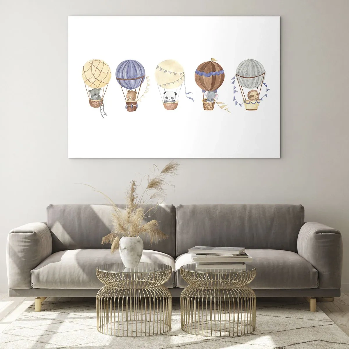 Schilderen op glas - Dieren vliegen in ballonnen in aquarelstijl - 70x50cm - Vrienden onderweg - Moderne wanddecoratie voor woonkamer en slaapkamer ARTTOR