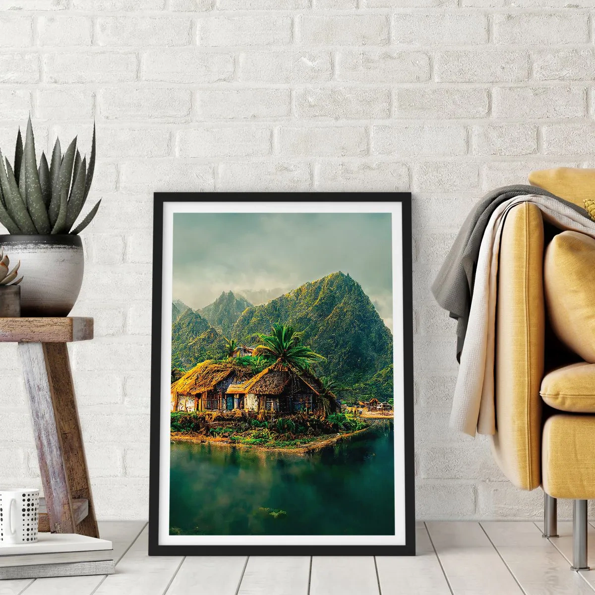 Poster in een zwarte lijst - Tropisch huisje met bergen en een meer op de achtergrond - 50x70cm - Tropisch paradijs - Moderne wanddecoratie voor woonkamer en slaapkamer ARTTOR