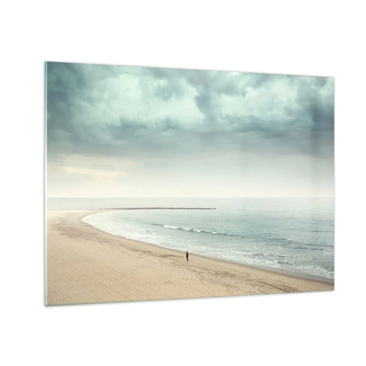 Schilderen op glas - Een figuur die over een leeg strand bij een kalme zee wandelt - 70x50cm - op zoek naar vrede - Moderne wanddecoratie voor woonkamer en slaapkamer ARTTOR
