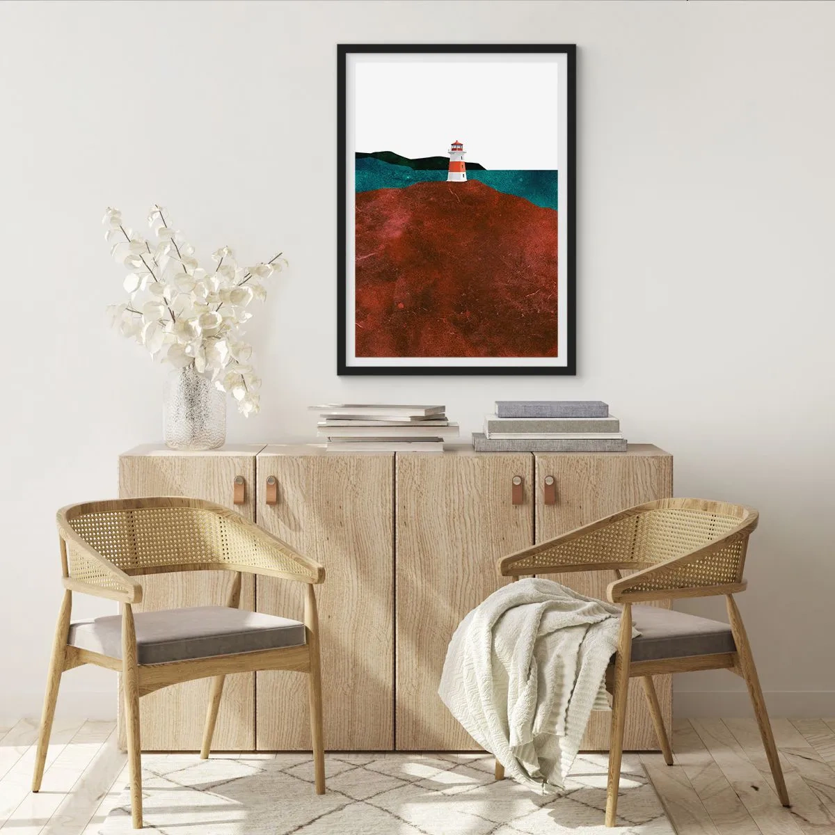 Poster in een zwarte lijst - Een minimalistisch landschap met een vuurtoren op een heuvel - 50x70cm - Starend naar de zee - Moderne wanddecoratie voor woonkamer en slaapkamer ARTTOR