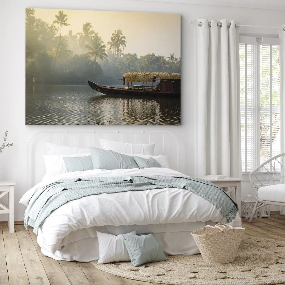 Schilderen op canvas - Een traditionele boot op een kalme rivier tussen palmbomen - 70x50cm - Huis aan de rivier - Moderne wanddecoratie voor woonkamer en slaapkamer ARTTOR