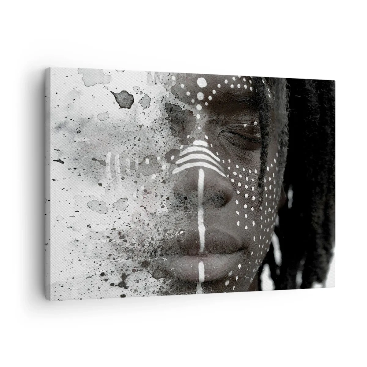 Schilderen op canvas - Artistiek gezichtsportret met abstracte witte patronen - 70x50cm - Ontdek de oergeest - Moderne wanddecoratie voor woonkamer en slaapkamer ARTTOR