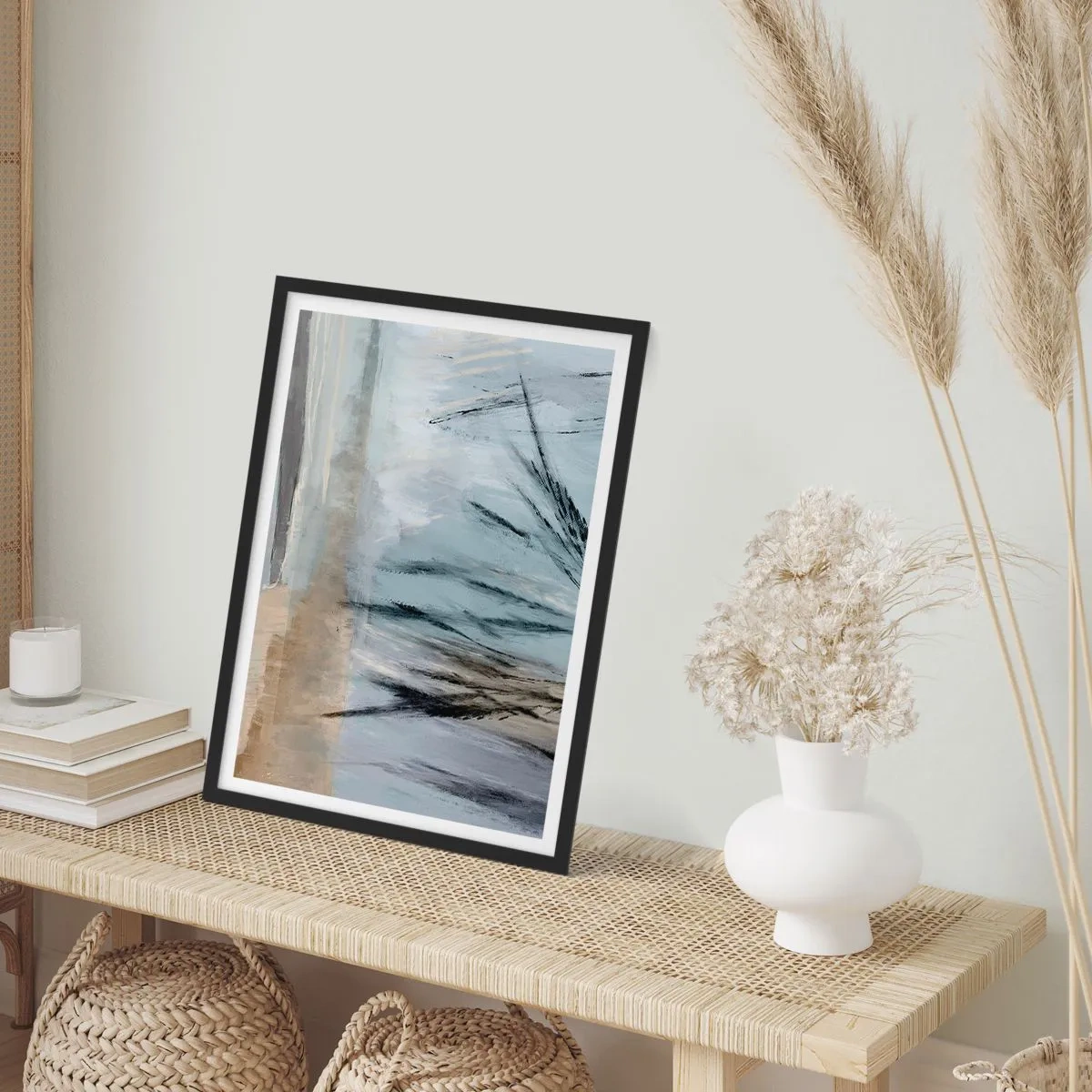 Poster in een zwarte lijst - Een delicate abstractie geïnspireerd door de natuur in gedempte kleuren. - 50x70cm - Wintervelden - Moderne wanddecoratie voor woonkamer en slaapkamer ARTTOR